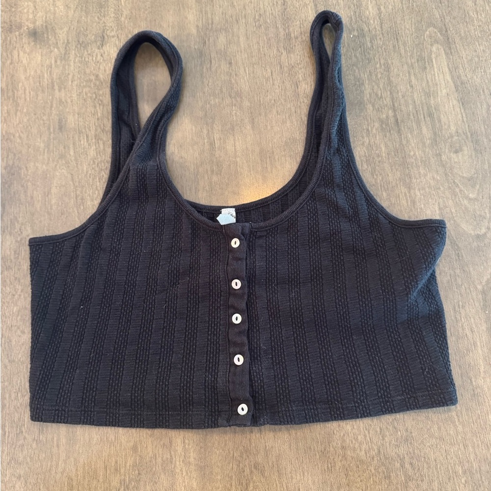 Free People Black Textured Button Crop Top